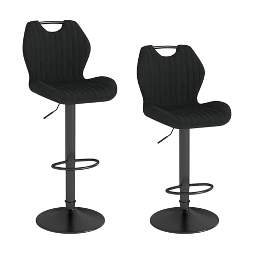 WAFTING Juego de 2 Taburetes de Bar de Tela, Taburetes Altos Cocina Giratorios 360° y Regulables en Altura con Respaldo y Reposapiés, Estructura Metal, Sillas de Bar para Cocina y Comedor, Negro