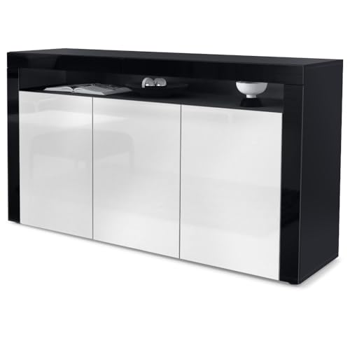 Vladon Buffet Valencia, Commode avec 3 Portes et 1 Compartiment Ouvert, Noir Mat/Blanc Haute Brillance/Noir Haute Brillance (155 x 92 x 40 cm)