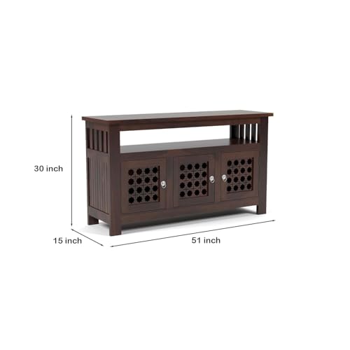 Image of Solid Sheesham Wood Wooden Sideboard Storage Cabinet & Chest of Drawer : Ideal for Living Room and Bedroom with 3-Shelf Storage (Hurtado, Walnut Finish)