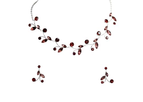 Faship Gorgeous Burgundy Rhinestone Crystal Floral Necklace Earrings Set - Burgundy