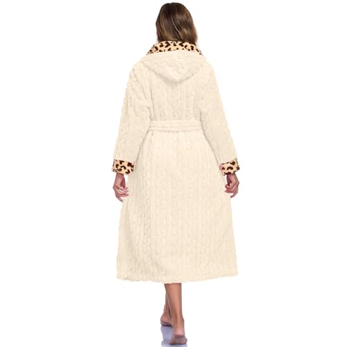 RONGTAI Womens Robe Soft Fuzzy Fleece Long Bathrobe Leopard Print Housecoat with Pockets & Belt S-XXL (US, Alpha, X-Large, Regular, Regular, Off-white) by RONGTAI - Image 3