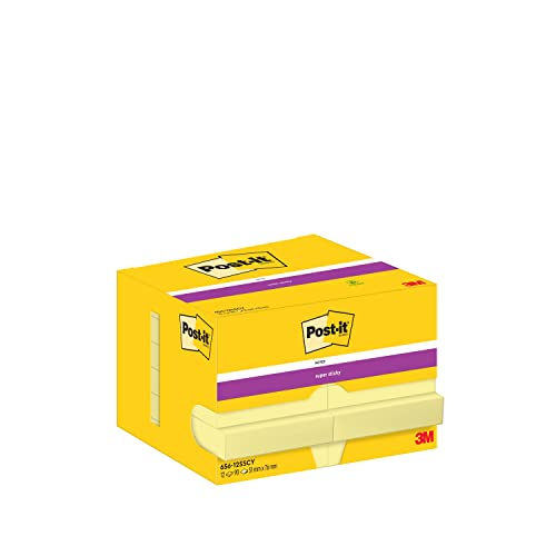 Post-It Foglietti Super Sticky Canary Yellow, Confezione Da 12 Blocchetti, 90 Fogli Per Blocco, 47,6 Mm X 73 Mm, Giallo Canary - Per Appunti, Elenchi 