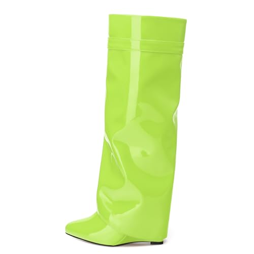 FEMSTEP Knee High Boots for Women Fold Over Wedge Round Toe Slouchy Heeled Boots Wide-Calf Long Side Zipper Patent Dress Tall Booties for Party Dating Shopping2