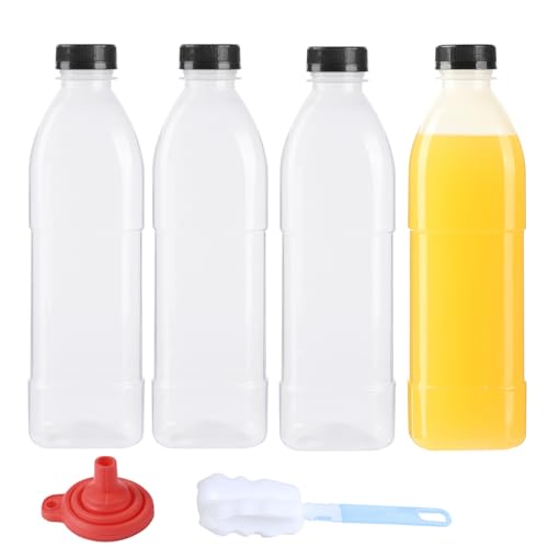 ZMCYN Lot de 4 bouteilles de 1000 ml en plastique avec bouchons (lavables au lave-vaisselle), bouteilles de jus réutilisables en PP résistantes à la chaleur, bouteilles de smoothie vides en plastique