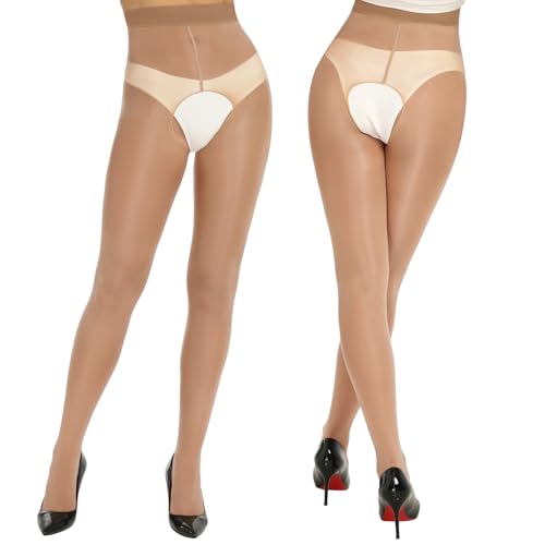 Yilanmy Shiny Sheer Tights Open Crotch pantyhose for Women High Waist shimmery tights Oil Shimmery Nylons 2 Pairs(Brown,S-M) -  7308-P02A61M00-USD-D07