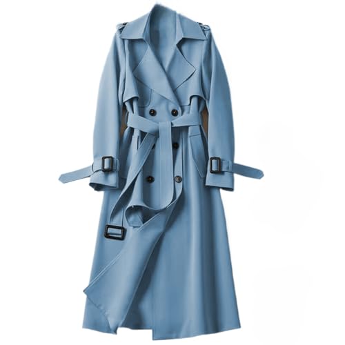 Gabardina de Color Sólido para Mujer Gabardina Delgada con Botón de Cinturón Abrigo Largo Prendas de Abrigo Gabardina con Solapa Doble Botonadura Abrigo Abrigo hasta la Rodilla (Blue,XL)