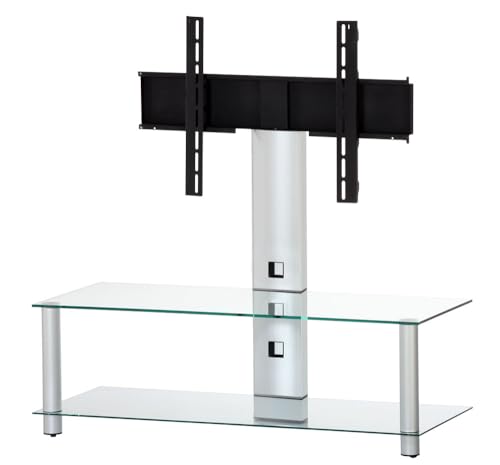NEO-110-TG - Meuble TV avec support intégré, 110 cm, avec roulettes, verre trempé transparent et châssis en aluminium gris, rotation ±35°, compatible 32