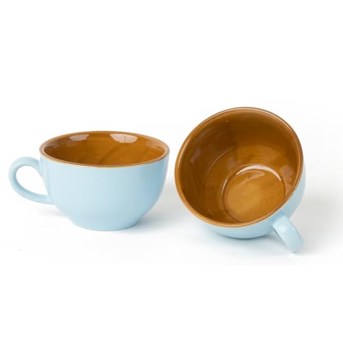 Image of Bodhi House Ceramic Coffee Wide Large Mug with Handle - Set of 2, 350Ml Glossy Finish | Bone Ash Free & Microwave Safe | for Cappuccino, Latte, Green Tea - Arctic Blue