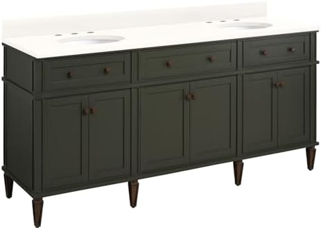 Signature Hardware 954001-72-UM-8 Elmdale 72" Freestanding Mahogany Double Basin Vanity Set with Cabinet, Vanity Top, and Oval Undermount Sink - 8" Faucet Holes - Dark Olive Green/Arctic White