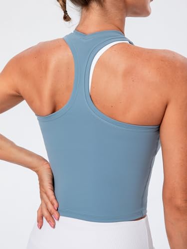 Lavento Women\'s Racerback Crop Tank Workout Running Yoga Tops (Serenity Blue, Medium)