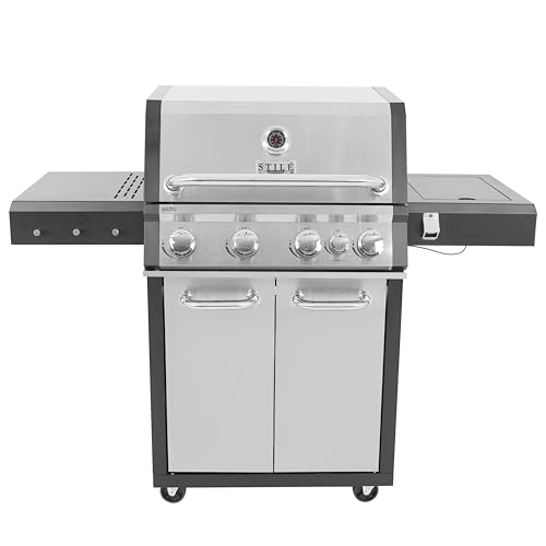 Stilé Barbecue MADRID a Gas Professionale con 4 Fuochi Più Bruciatore Laterale Con Griglie In Ghisa Vaschetta Recuperatore Grasso Termometro Integrato Ruote E Struttura In Acciaio Inox (4 FUOCHI)