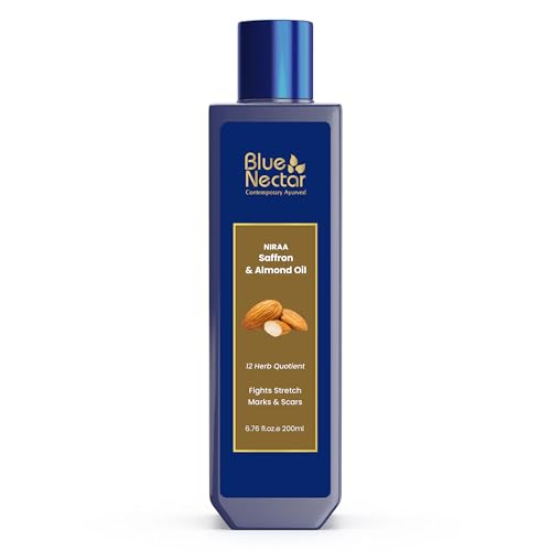 Blue Nectar Niraa Saffron & Almond Body Oil | Ayurvedic Stretch Mark & Belly Oil | Skin Firming Moisturizer for Crepey Skin | After Shower Body Oil (12 Herbs, 200ml)