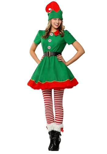 Adult Holiday Elf Costume, Women's Elf Outfit with Elf Dress, Hat, and Belt, Christmas Costume for Women Small
