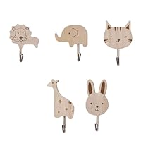 5 Pcs Kids Coat Hooks,Nursery Decor Decoration Animal Hook Wall Wooden Baby Children'S Adhesive Blocks Cute Cartoon Cat Elephant Monkey Rabbit Lion Child Room Tail Towel,for Nurserys Children Rooms