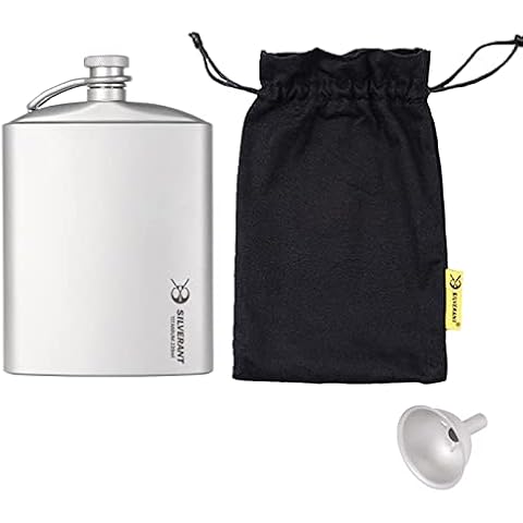 SILVERANT Titanium Hip Flask 220ml/7.74 fl oz, Ultralight Portable Leakproof Pocket Flask Flagon With Screw Cap Clip, Drawstring Cloth Case & Pouring Funnel Cover