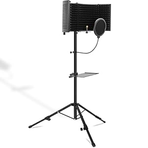 ITHWIU Microphone Isolation Shield with Stand Curved Panel, Foldable Mic Shield with Triple Sound Insulation, Studio Mic Sound Absorbing Foam Reflector for Sound Recording, Podcasts