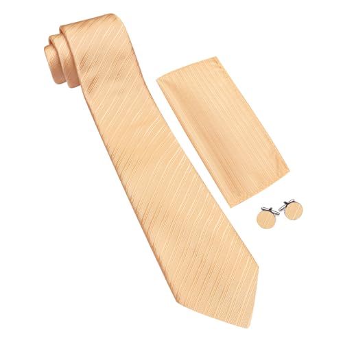 Image of Barry.Wang Solid Striped Tie for Men Silk Necktie Pocket Square Cufflinks Formal Wedding Party Business