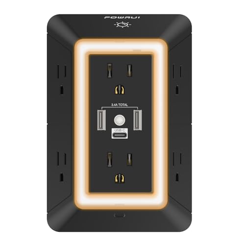 Outlet Extender Power Strip, POWRUI 6 AC Surge Protector Outlets with 3 USB Ports (1 USB C) and Night Light, 3-Sided Multi Plug Wall Outlet with Spaced Outlets - Black, ETL Listed