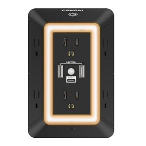 Outlet Extender Power Strip, POWRUI 6 AC Surge Protector Outlets with 3 USB Ports (1 USB C) and Night Light, 3-Sided Multi Plug Wall Outlet with Spaced Outlets – Black, ETL Listed