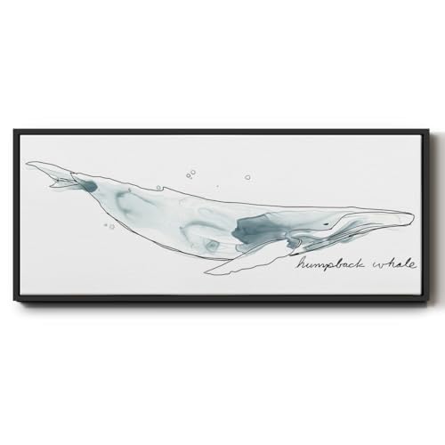 Renditions Gallery Floater Framed For Office Humpback Watercolor Design Whale Floater Canvas Hanging Decoration for Office Lounge Drawing Room Balcony - 24"x60" Black Frame LT615