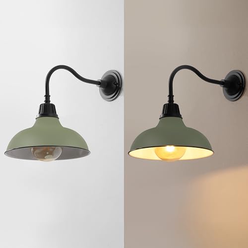 Image of JONATHAN Y 12.25 inch Matte Olive Green /Black Farmhouse Industrial Outdoor Sconce, LED Gooseneck Wall Light for Porch, Metal Bowl Shade, Dimmable Vintage Exterior Fixture, LED Bulb Included (JYL7613I)