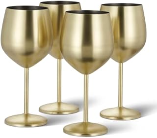 Oak & Steel - 4 Elegant Stainless Steel Balloon Gold Wine Glasses, 540ml - Unbreakable Wine Goblet Glass Gift Set for Valentines Wedding Anniversary Birthday Party