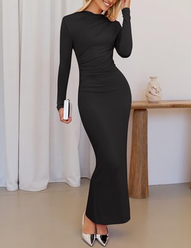 ZESICA Women's Fall 2025 Long Sleeve Bodycon Maxi Dresses Sexy Ruched Crew Neck Slim Fit Cocktail Party Dress3