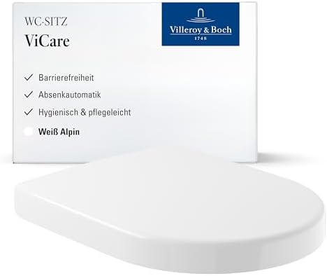 Villeroy & Boch ViCare WC-Sitz, mit SoftClose, D-Form – Weiß Alpin | Barrierefrei, mit Absenkautomatik, abnehmbar, aus bruchsicherem Duroplast, Original Ersatzteil, 9M51B101
