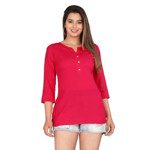 Image of Himanshi Enterprises Women's Traditional Casual 3 /4 Sleeves Mandarin Nack Rayon Solid Short Kurti