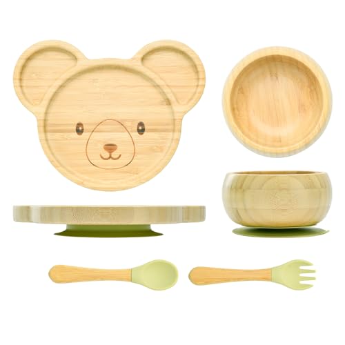 Imagination Junction Bamboo Suction Plates Bowls Setfor Baby Toddler Divided Platter Food bowl with Silicone Fork & Spoon All-Natural Baby Feeding Set Kids Feeding Essentials