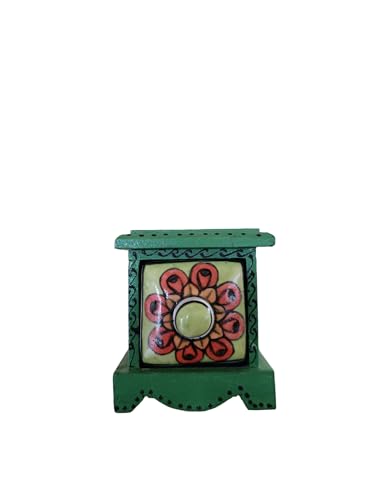Especiero Indio decorativo de color verde claro hecho de Madera y Cerámica con 1 Cajón.