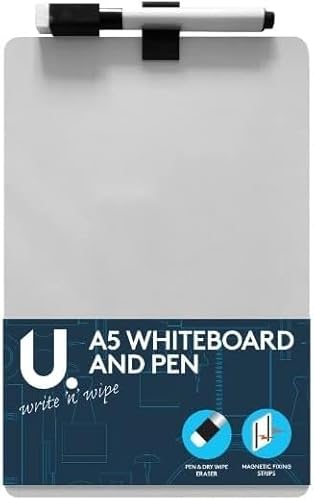 A5 Whiteboard & Pen - with Magnetic Fixing Strips | Small Mini Dry Wipe Board for Work Notes | Portable Magnetic Whiteboard Wall Board for Kids
