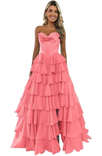 Meleg ölelés Long Tiered Prom Dress with Slit Ruffle Corset Long Coral Layered Dress for Women Formal Evening Party Gowns Size 6