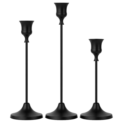 Set of 3 Black Tapered Candle Holder Candlestick Tall Metal Candlestick Holders for Table Centerpiece Home Decor for Wedding Fireplace Mantel Housewarming Gift Fits 3/4 Inch Thick Candles