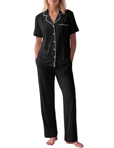 Image of HNG Women Pajamas Set 2 Piece Button Up Pajamas Pant and Short Sleeve Shirt for Woman Pj Sets with Pocket