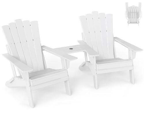 GREENVINES Folding-Adirondack-Chairs-Set-of-2 | HDPE Plastic | Throne Series | Fire Pit Chair | with Connecting Tray | Removable Table | All Weather | for Outdoor Patio Deck Poolside | White