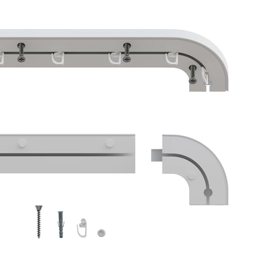 GARDINEUM - 1-läufige Vorhangschiene, Gardinenschiene aus Kunststoff, vorgebohrt mit linken und rechtem Rundbogen und Zubehör (2,80 m (2 x 1,40 m + Verbinder))