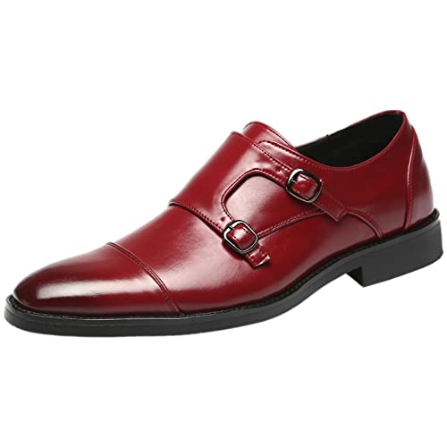 ANUFER Caballero Elegante Puntera Doble Hebilla Zapatos de Monje Imitación Cuero Formal Zapatos de Vestir Borgoña SN070533 EU42