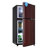 Borcolo Mini Fridge with Freezer, 3.3 Cu. Ft. Double-Door Small Refrigerator with Adjustable 7-Level Thermostat & Separate Freezer, Dorm Fridge Compact for Kichen, RV, Office, Apartment, Wood