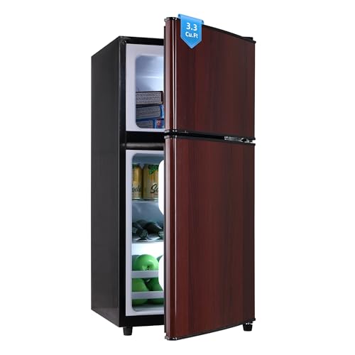 Borcolo Mini Fridge with Freezer, 3.3 Cu. Ft. Double-Door Small Refrigerator with Adjustable 7-Level Thermostat & Separate Freezer, Dorm Fridge Compact for Kichen, RV, Office, Apartment, Wood