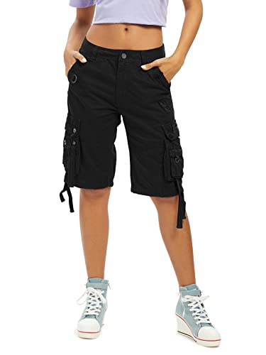 Aeslech Women's Loose Fit Cargo Shorts, Cotton, Black, UK 16 / Tag 36