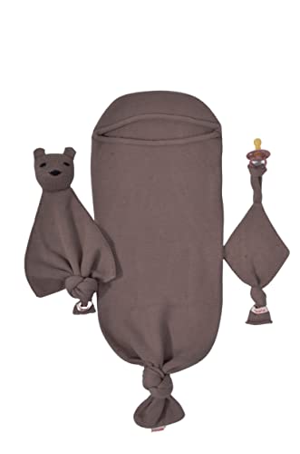 Image of Minora Newborn Essential Baby Swaddle Blanket Set, 1 Piece Set (1 Pacifier Holder, 1 Cocoon Swaddle Sleep Sack, 1 Teddy Bear), 0-8 Months Baby -Coffee
