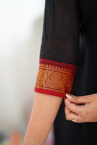 Image of TWINLIGHT Women's Kanchi Cotton Elephant Jaquard Work Kurta and Dupatta Set | V Neck 3 /4 Sleeves Straight Calf Length Kurti with Jaquard Border Work Dupatta | Kurti Set for Women