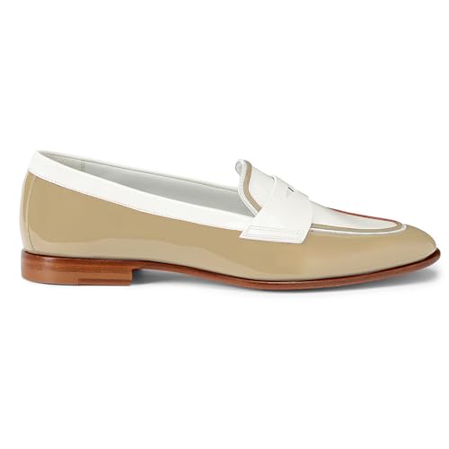 Image of Women Patent Slip On Loafer Flats Two Tone Round Toe Flat Heel Penny Loafers Casual 1 inch Low Heel Loafer Dress Shoes Oxford Comfort Chic Colorblock Office Ladies 4-11 M US