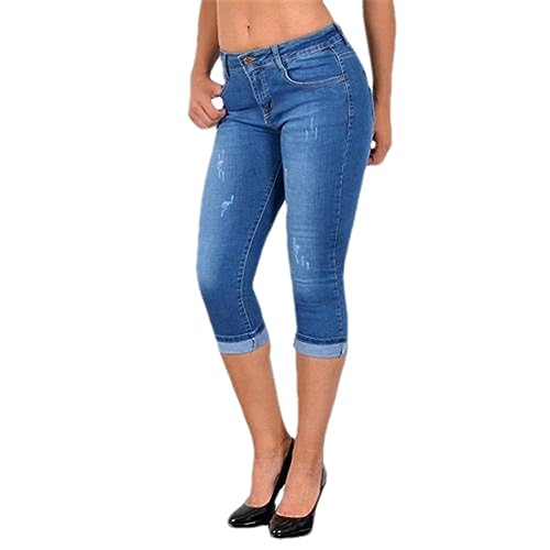 Women Solid Fashion High Waist Skinny Jeans Knee Length Denim
