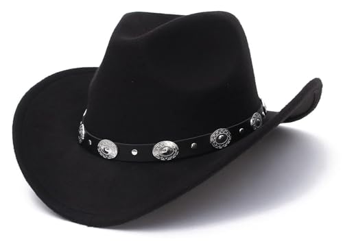 Sombrero de vaquero negro para mujeres y hombres, estilo occidental, ala ancha, fieltro, sombrero Fedora Panamá con hebilla de cinturón desmontable, Negro, M
