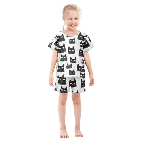 ALAZA Black Cat Pajamas Set Short Sleeve Cotton Sleepwear Summer Pjs 2 Piece 5-14Y3