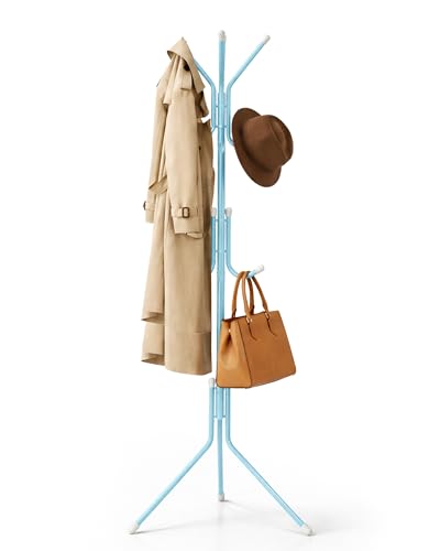 LARDECOR - Perchero de Pie Metálico con 12 Ganchos | 42x172 cm | Organizador de Entrada, Pasillo, Dormitorio, Recibidor/Colgador de Abrigos, Bolsos y Gorras (Azul)