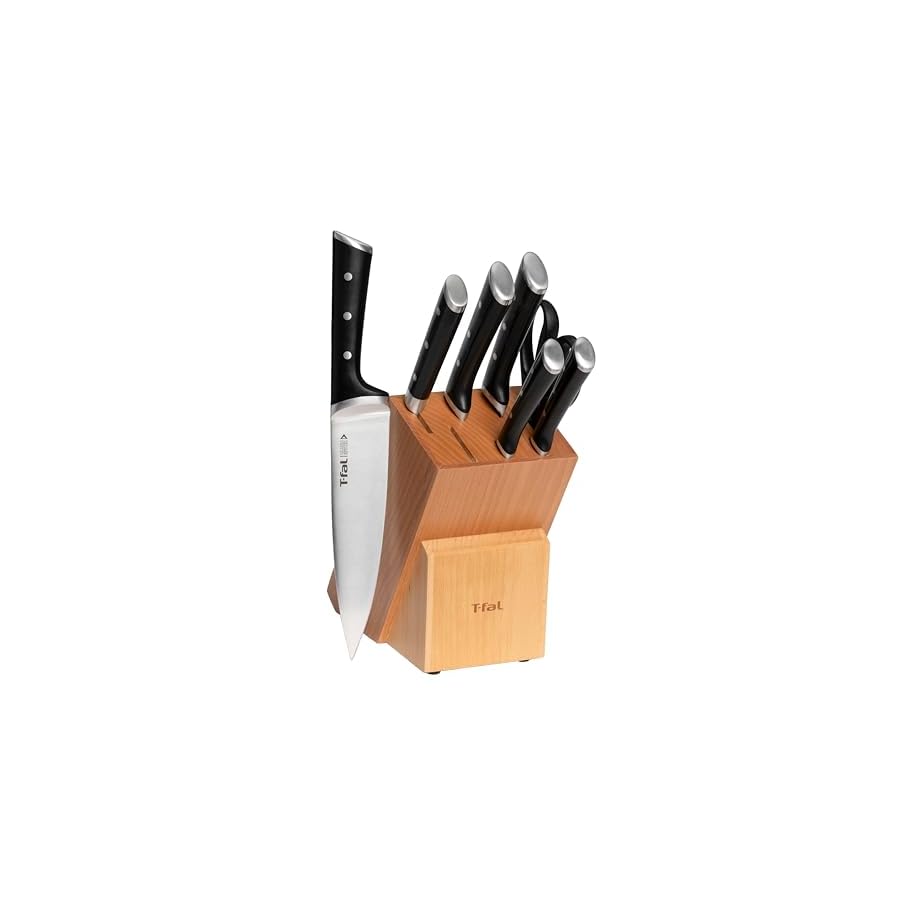 T-fal Ice Force German Stainless Steel Kitchen Knife Set and Wood Block 8 Piece, Long Lasting Sharpness, High Cutting Precision, Superior Durability, Ultra Sharp Blades, Cookware Kitchen Gadget Black