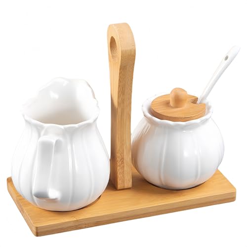 Ceramic Sugar and Creamer Set with Lid Spoon and Wooden pallets, Ceramic Coffee Bar Accessories, Cream Jug Sugar Jar, for Home Milk Coffee, Coffee Serving Set